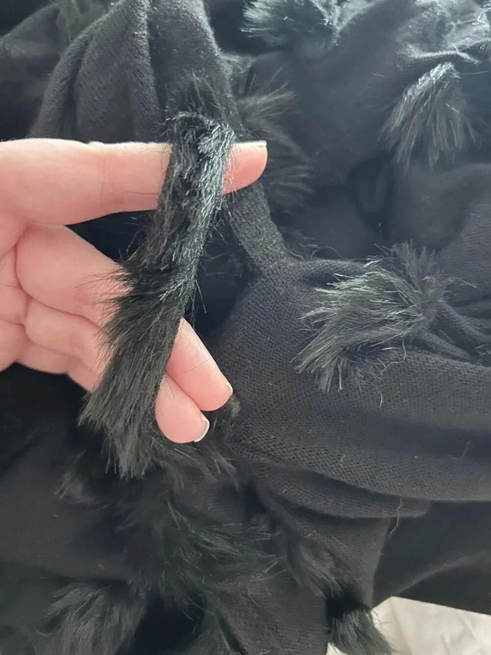 Chico's Black Faux Fur Trim Cashmere Blend Cocoon Wrap Pom Pom EUC OS